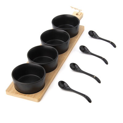 SET X 4 COPETINEROS CERAMICA NEGRA CON BASE BAMBOO Y CUCHARAS 45X10 CM