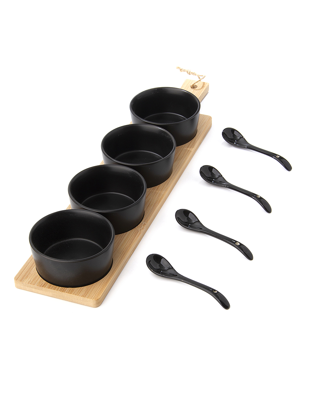 SET X 4 COPETINEROS CERAMICA NEGRA CON BASE BAMBOO Y CUCHARAS 45X10 CM image number null